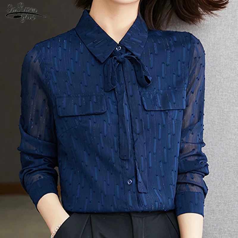 

2023 Autumn Long-sleeved Blue Gentle Chiffon Shirt Woman Lace Elegant Button Casual Top Woman Lace Bow Pocket Blouse Woman 16374