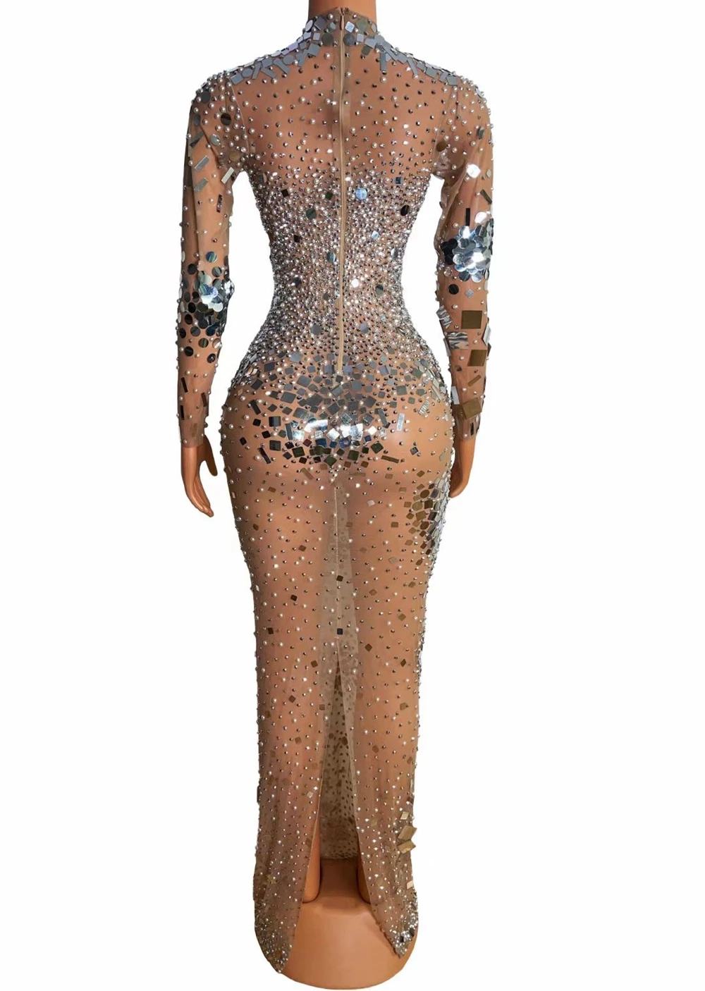 Sparkly Pearl Rhinestones Sequins Long Dress Women Stage wear SexyTransparent performance Costume Evening Gown Prom