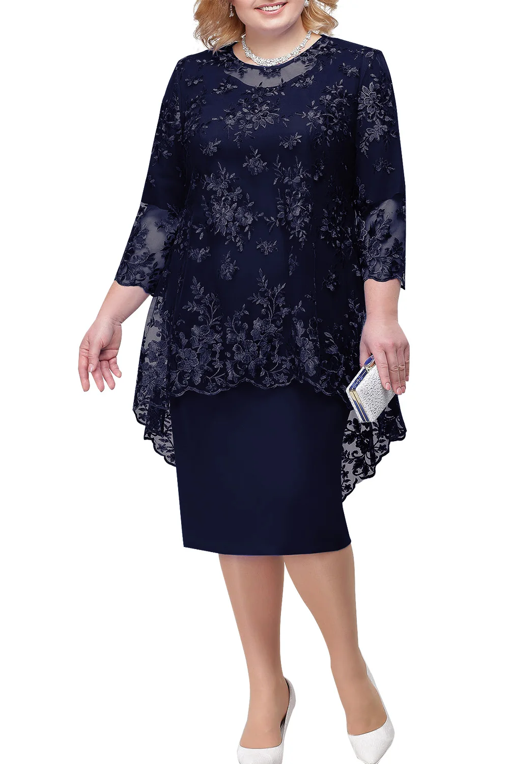 

Bride's Mother With Jacket Plus Size Wedding Party Dress Navy Blue Half Sleeve 2021 Elegant Mother's Dress Banquet