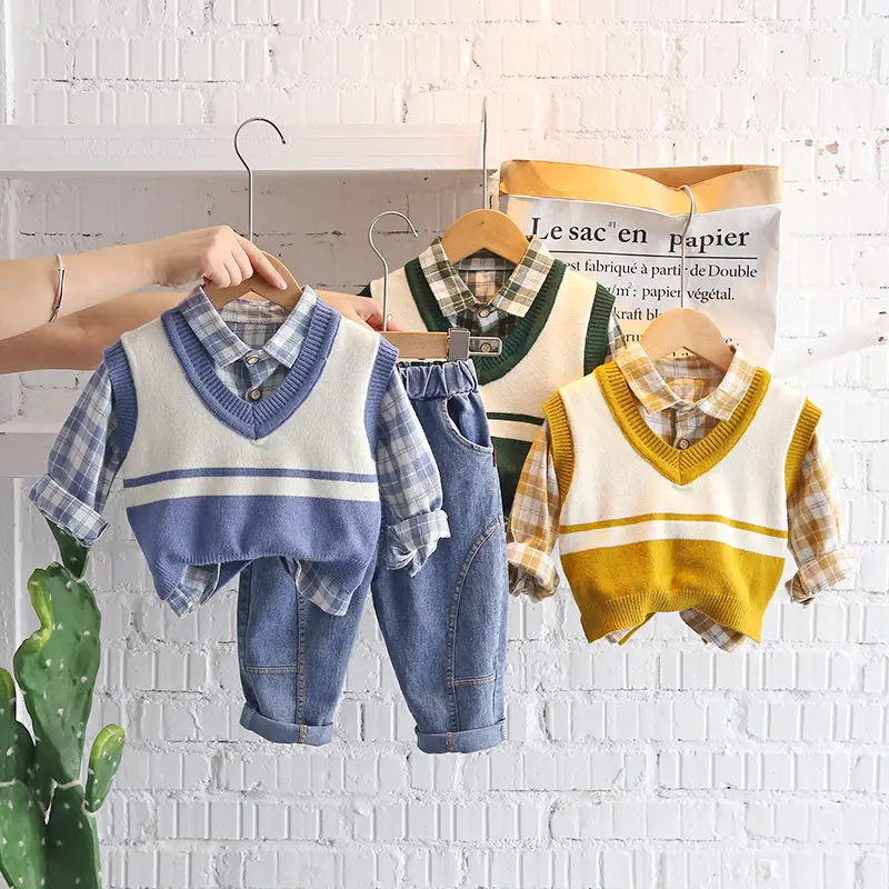 Baby Girls Cotton Clothes Infant Outfit Kid Fashion Toddler Spring Autumn Children Shirt Sweater Vest Plaid Shirt Pants 3Pcs/Set