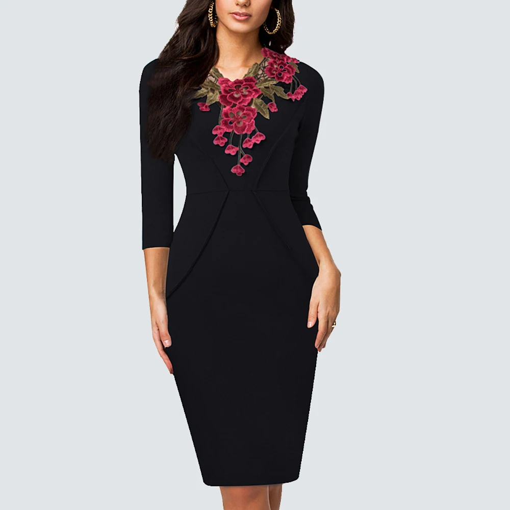 Women Stylish Vintage Applique Embroidery Elegant Crochet Work Office Business Sheath Slim Bodycon Pencil Ladies Dresses HB330