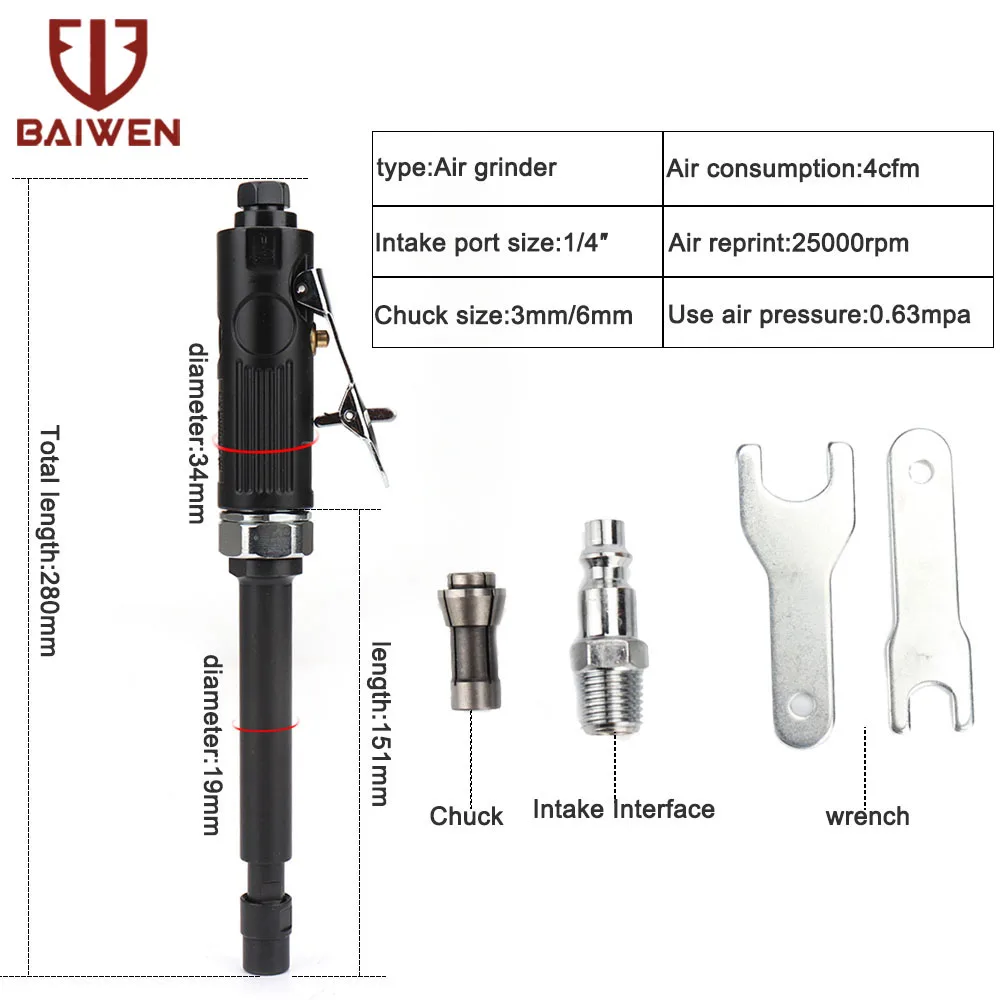 Amoladora neumática extendida de 22000RPM, herramienta de grabado de molino de molienda recta, máquina de tallado de aire de 1/4 \