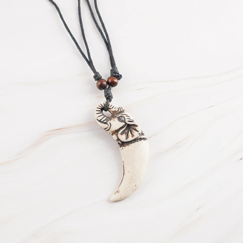 Cool Bone Carved Lion Tooth Wolf Teeth Charms Pendant Resin Necklaces For Women Men Elephant Pendent Wood Beads Amulet Gift