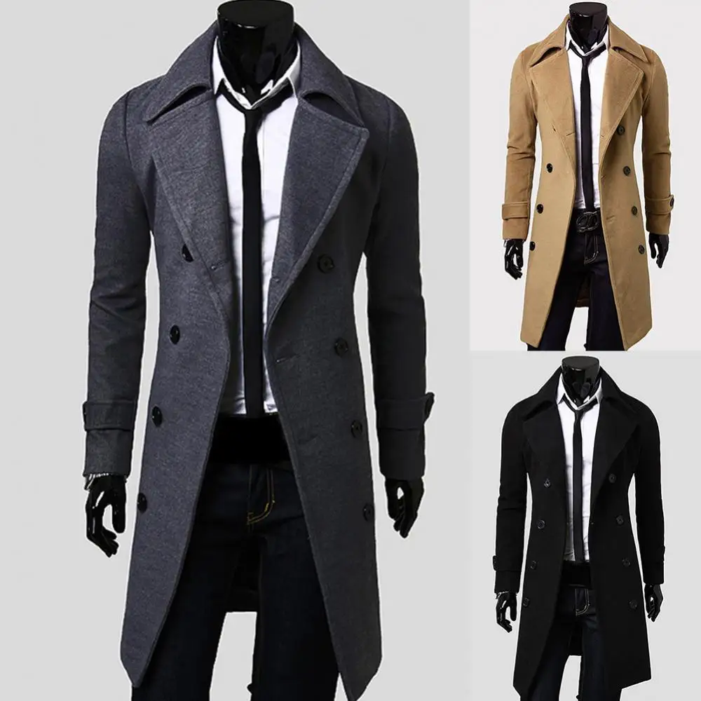 Mannen Trench Effen Kleur Lange Mouw Revers Overjas Slim Past Jas Bovenkleding Mannenjassen Streetwear Пальто Мужское