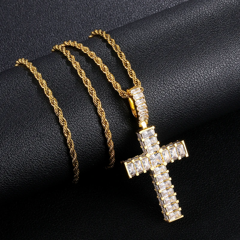 D&Z New Baguette Cross Pendant Necklace Iced Out Cubic Zircon Stones Gold Silver Color Hip Hop Charm Necklace Jewelry Gift