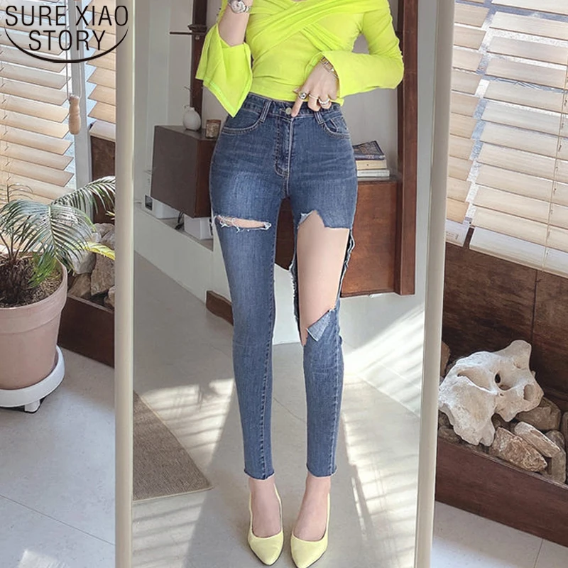 Denim Jeans Woman Jeggings Tassel High Waist Jeans Autumn Summer Skinny Elastic Capris Female Ripped Holes Pencil Trousers 10405