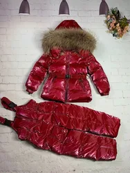 Real Fur Brand 2024 Winter Jacket Children down jackets & PANT duck down Fur hooded girl snowsuit set outerwear ski suit