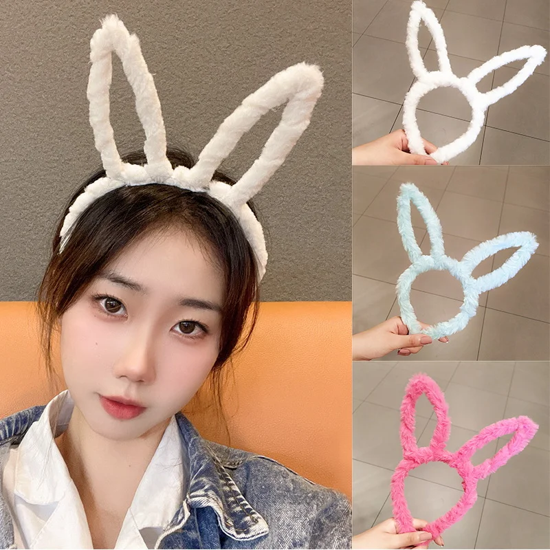 Cute Fluffy Rabbit Ears Hairbands For Women Headdress Solid Color Headband Hair Hoop Anime Cosplay Hair Band Hair Accessories