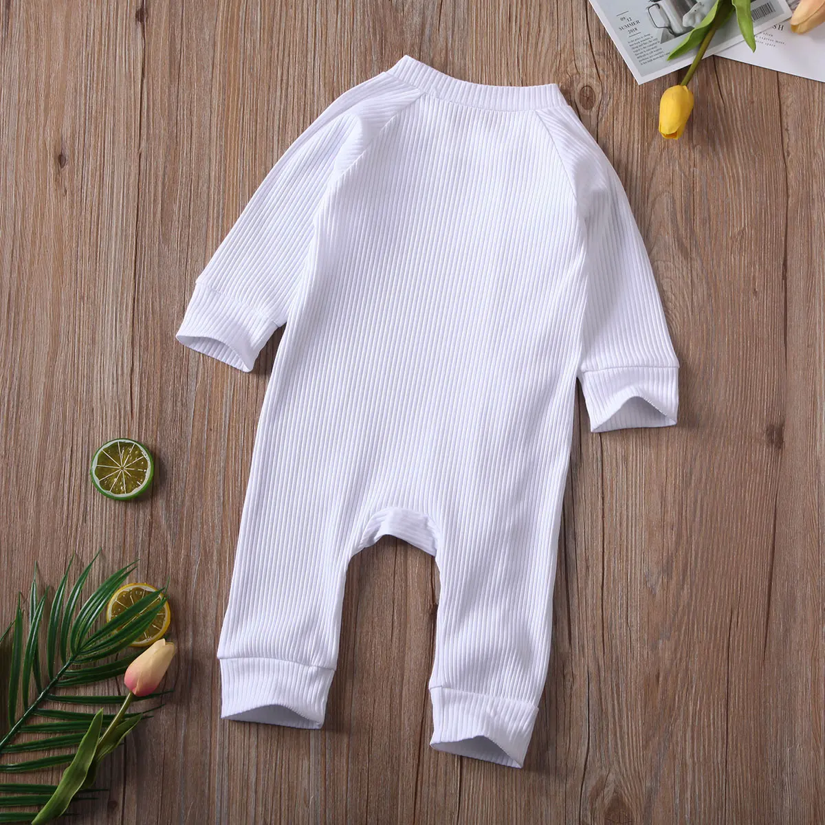 Infant Baby Girl Boy Solid Jumpsuit Long Sleeve Zipper Buttons Ribbed Jumpsuit Pure Cotton Jumpsuit Baby Round Neck Rompers