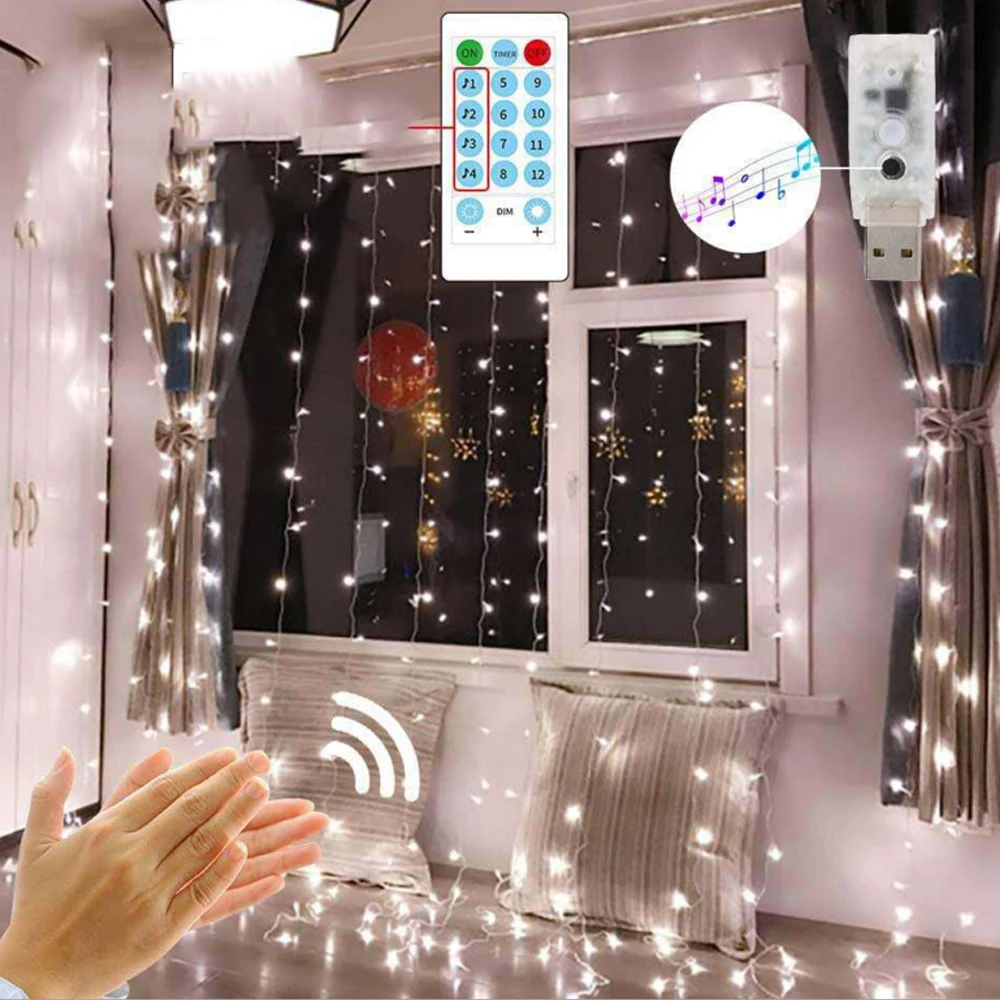 Remote Control Icicle Curtain String Light USB Power Voice Control Christmas Fairy Garland Lamp for Home Wedding Party Decor