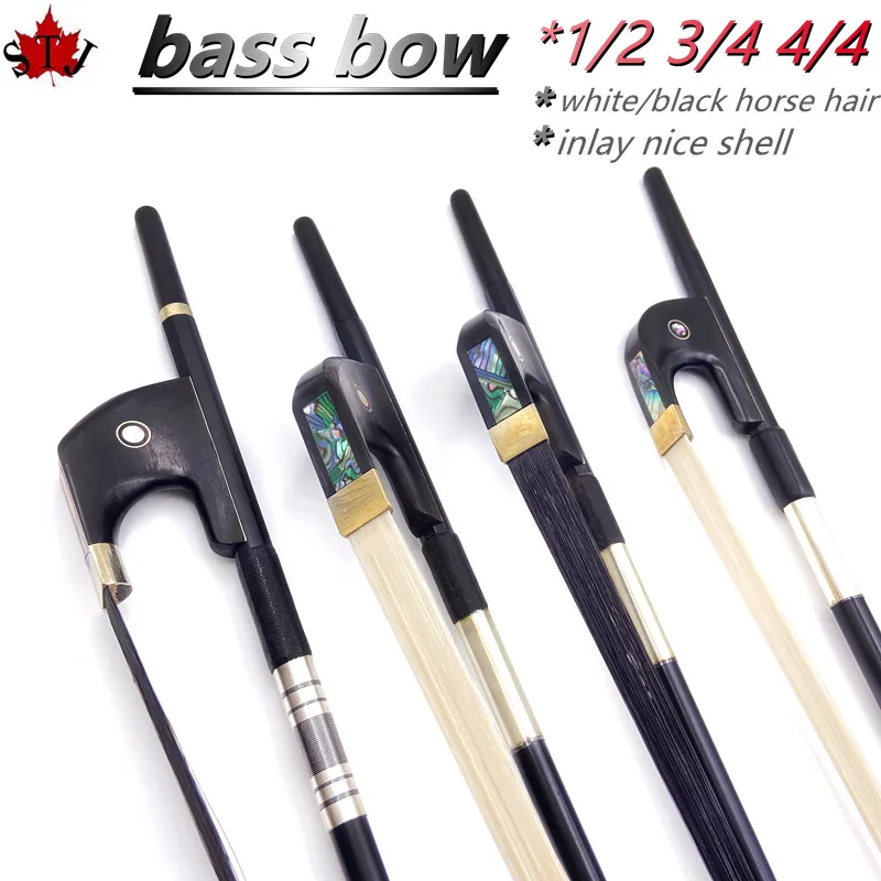 1pcs 4/4,3/4,1/2 New upright double bass bow Black Carbon Fiber Stick,white/black Horsehair Horsetail,Ebony Frog