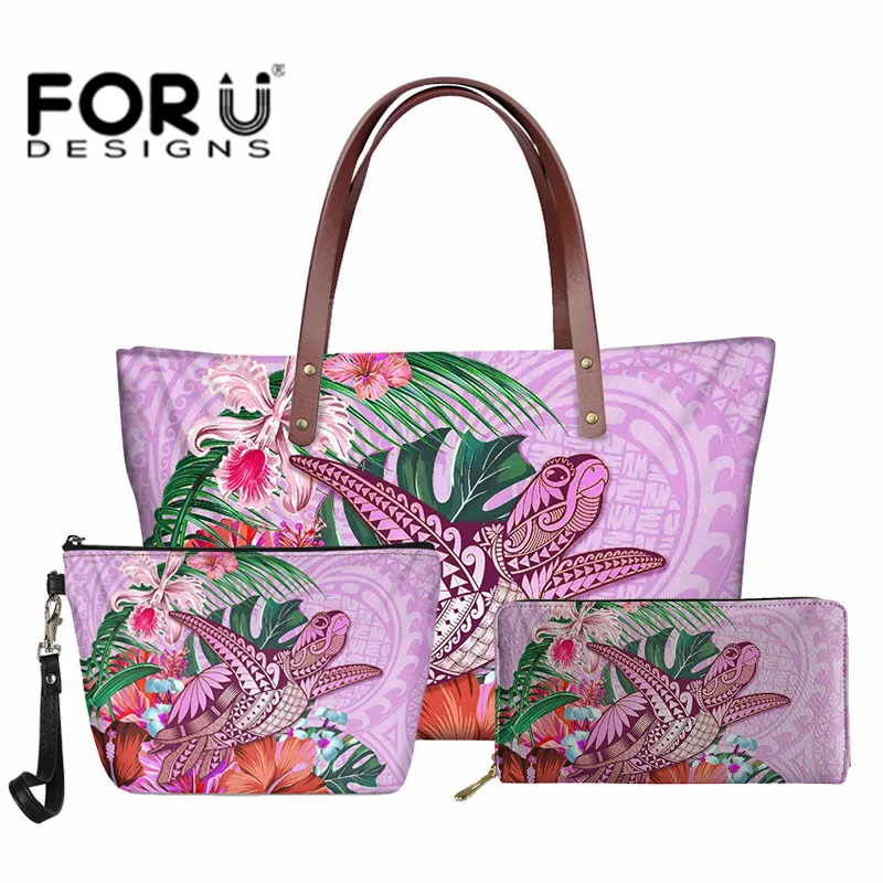 

3pcs/set Handbags and Wallet Polynesian Tribal Hibiscus Turtle Designs Ladies Tote Bag Vintage Female Party Top-handle Bag