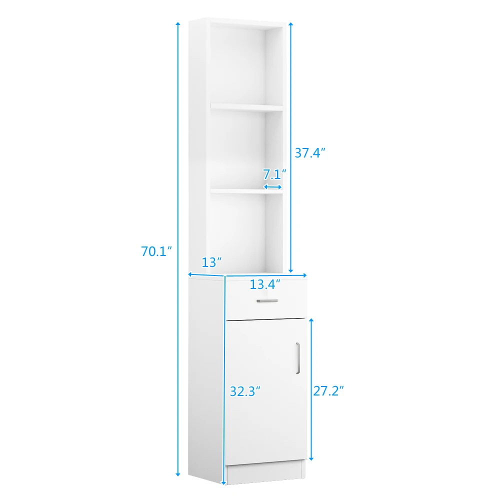 Standing Bathroom Cabinet 5 Compartments 1 Drawer 1 Door MDF Barber Cabinet White[US-Stock]