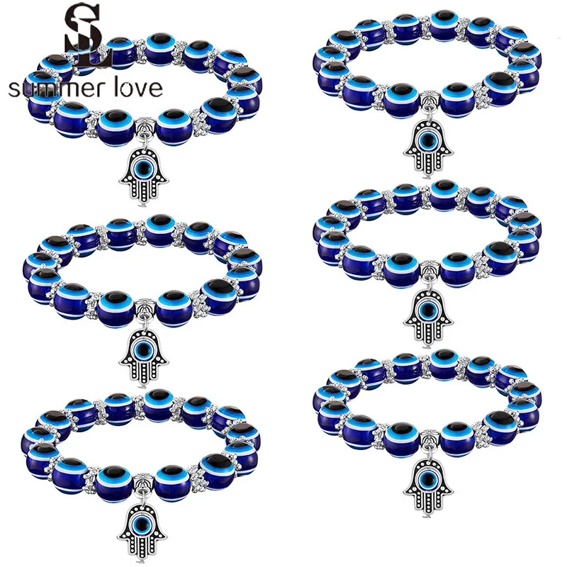 

10PCS Stainless Steel Charm Bracelet for Women Men Evil Blue Eye Bead Bracelet Unisex Jewelry Gift Wholesale Bulk Accessories