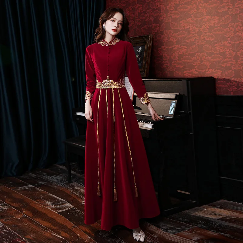 

Sexy Elegant Velour Long Sleeve A-Line Evening Dress Back Zipper Women Formal Gowns Robe De Soiree Cheongsam Size 3XL