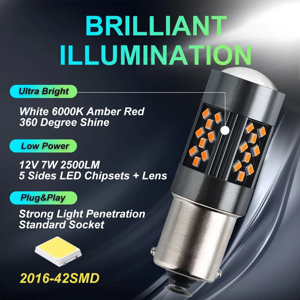 2pcs 1156 S25 BA15S P21W LED 1157 7443 W21/5W T20 LED White 2016 42SMD 2100LM Car Turn Signal Reverse Brake Light Bulb Lens