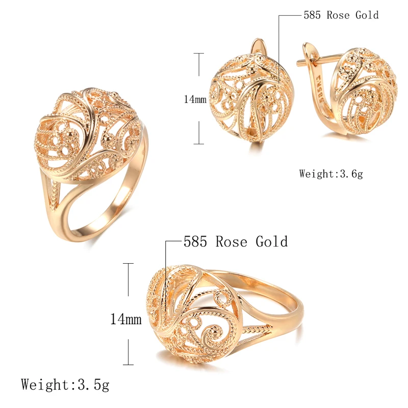 Kinel Hot Trendy Unique Women Earring Ring Sets 585 Rose Gold Hollow Pattern Fashion Earring Ethnic Bride Wedding Jewelry Set