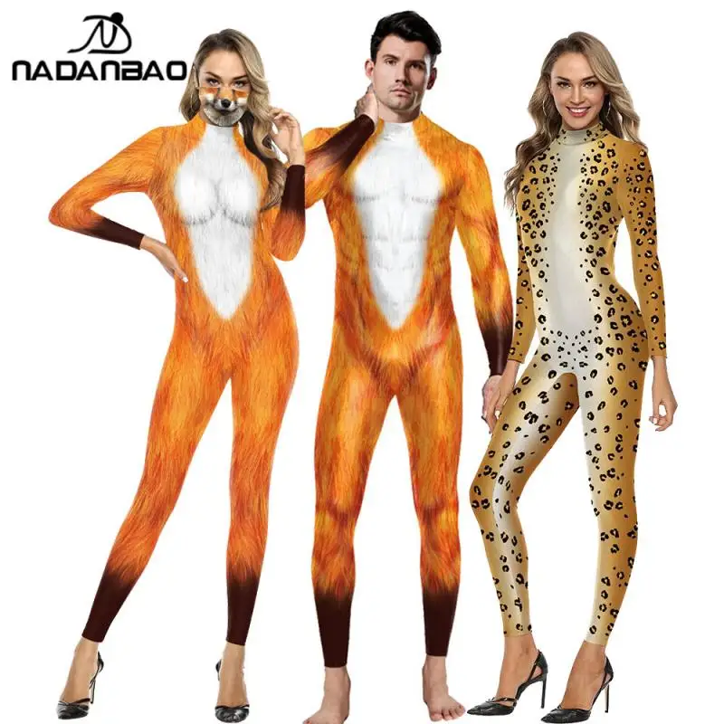 NADANBAO Halloween Cosplay Cáo Trang Phục Phù Hợp Với Thời Trang 3D Động Vật Da Báo In Hình Nữ Rompers Jumpsuit Gợi Cảm Bodysuits Unisex