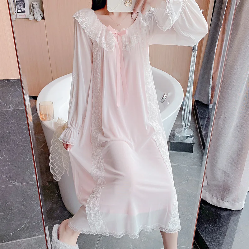 Women Romantic Nightgowns Mesh Long Sleeve Fairy Night Dress Victorian Lace Peignoir Vintage Lolita Nightie Princess Sleepwear