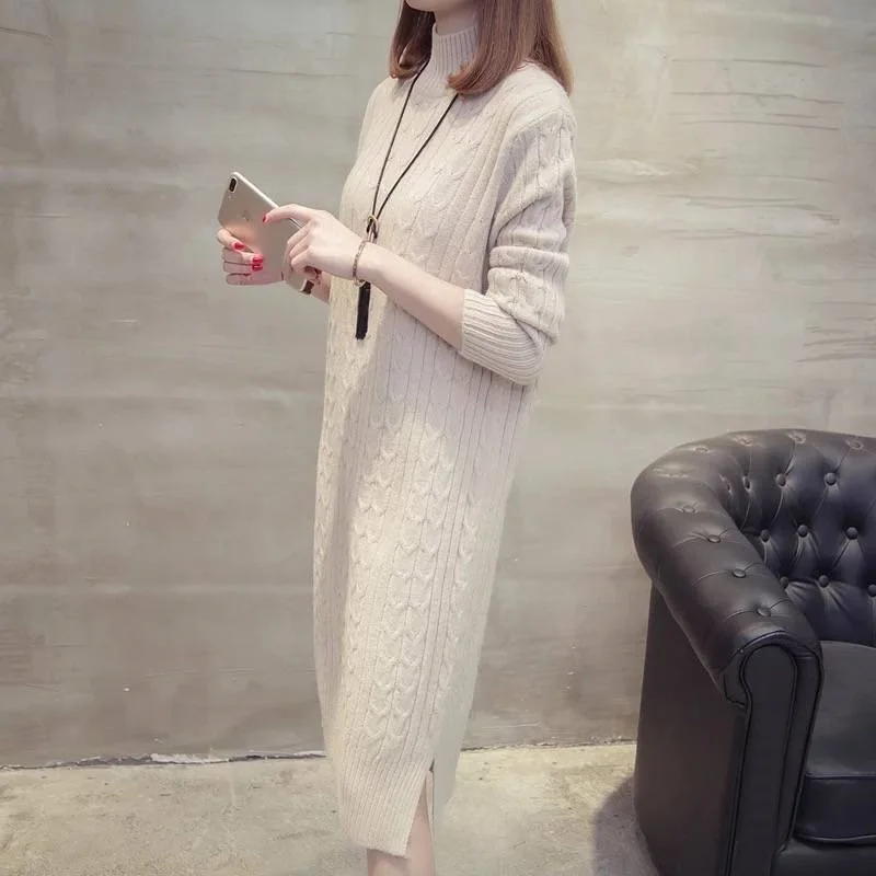 Mid-Length Knit Sweater Dress Women Winter 2022 Korean Streetwear Twist Base Dresses Half High Neck Elasticity Warm Dress Female