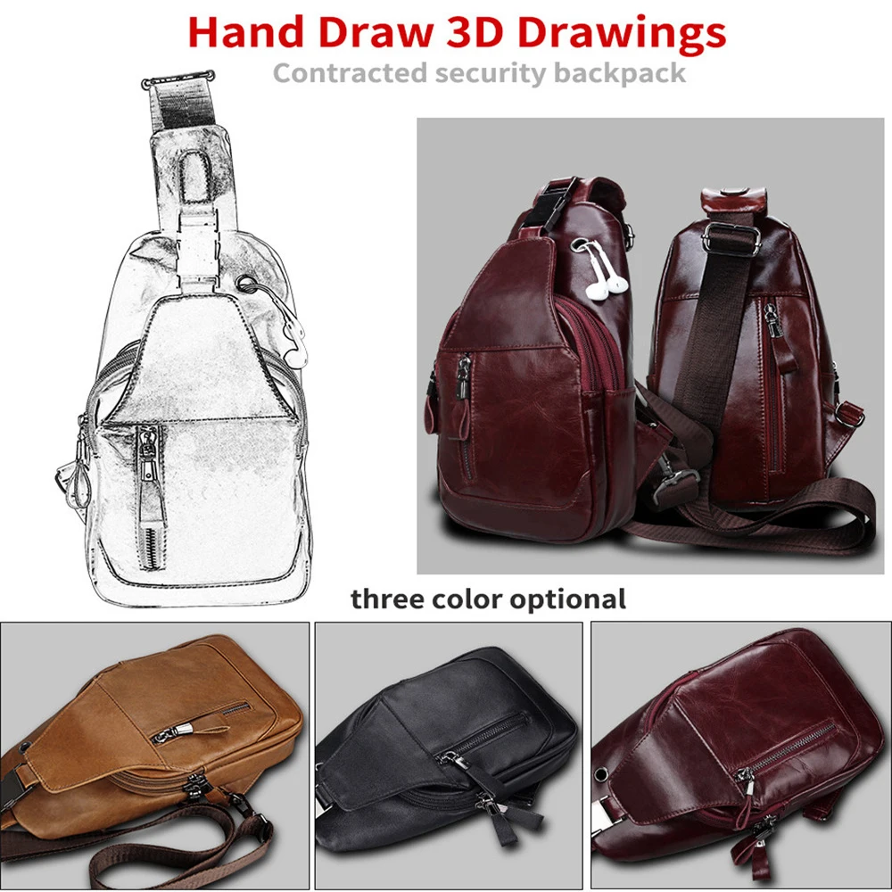 RETROGOO Genuine Leather Chest Bag For Men Waterproof Cowhide Leather Shoulder Bag Casual Pack Multifunction Male Cross Body Bag