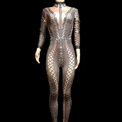 Printed Long Sleeve Rhinestone Jumpsuit Spandex Sexy Skinny Bodysuit Women Club Wear Female Rompers Stage Clothing