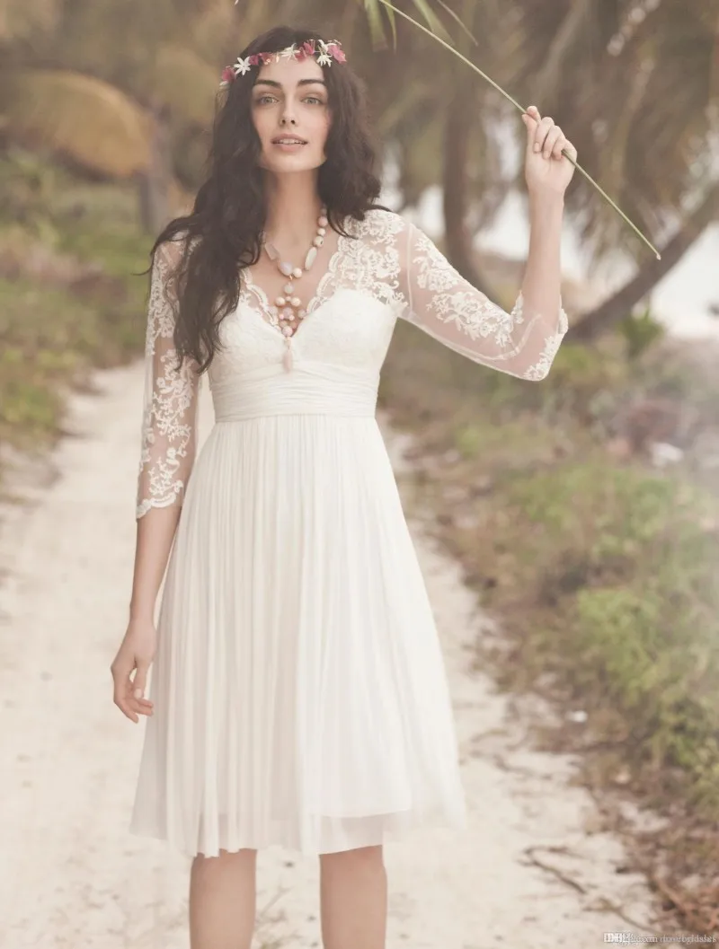 

Customized Boho Short Lace Wedding Dresses V Neck Sheer Sleeves Pleated A-Line Knee Length Chiffon Beach Bridal Party Gowns