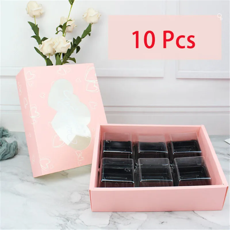 10Pcs Pink Gift Box with Two Hearts Design Window Handmade Cookie Macaron Pastry Package for Valentine's Day Dessert Shop Supply