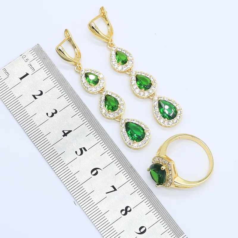 Water Drop Green Stones Gold Color Jewelry Set for Women with Bracelet Long Earrings Necklace Pendant Ring Birthday Gift