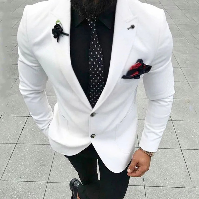 

White Slim Fit Mens Suits 2 Piece Man Set Jacket with Black Pants Peaked Lapel Wedding Groom Tuxedos for Prom Party New Fashion