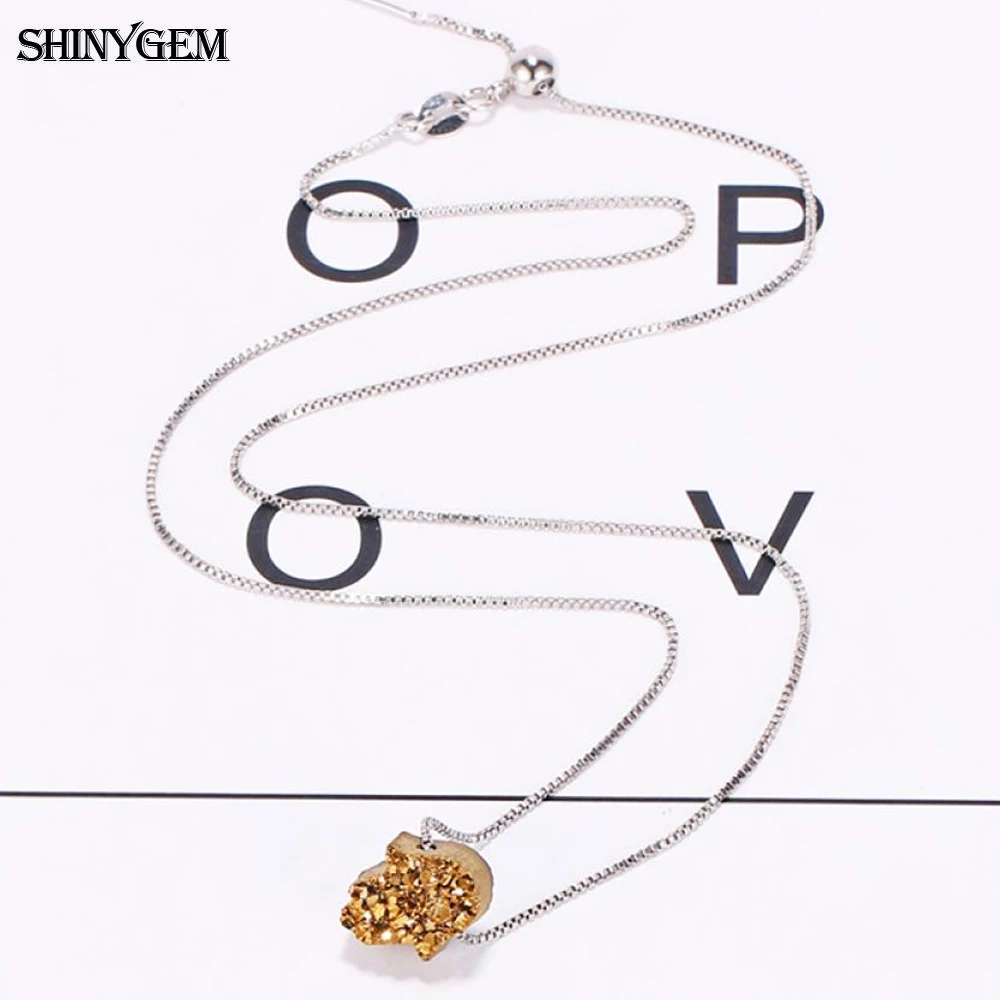 ShinyGem 11*13mm Charm Hamsa Palm Shape Natural Sparkly Crystal Druzy Necklace Collocation Copper Chain Cute Necklace For Women