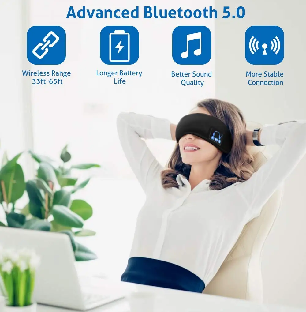 Unisex Sleep Headphones, Sleep Eye Mask Bluetooth 5.0, Designed with Ultra Thin Speakers & MIC, Super Soft,Camping Travel Helper