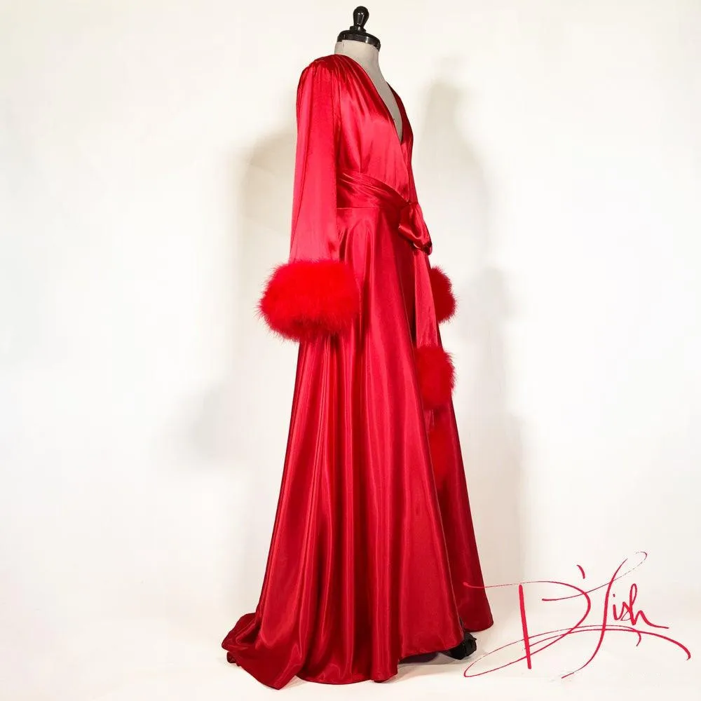 Women Robe Fur Nightgown Bathrobe Sleepwear Feather Bridal Robe with Belt Red Marabou/Charmeuse Dressing Gown Party Gifts