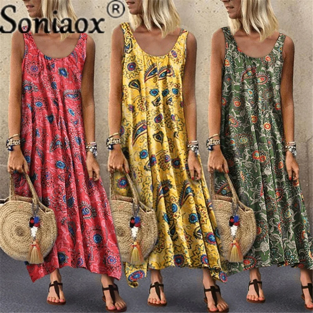 2021 Summer Fashion artystyczny nadruk damska sukienka Casual Loose O Neck średnio wysoka talia bez rękawów Ladies Beach długie sukienki