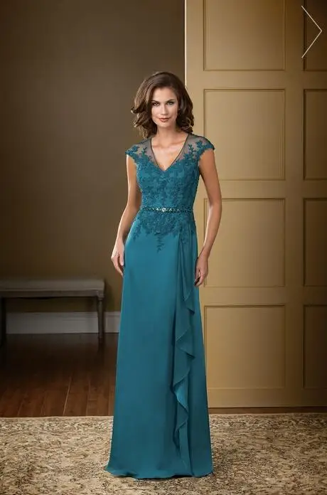 2015 High Quality Mother Of The Bride Evening Dress Teal Chiffon Cheap Women Formal Gowns Lace Top Design