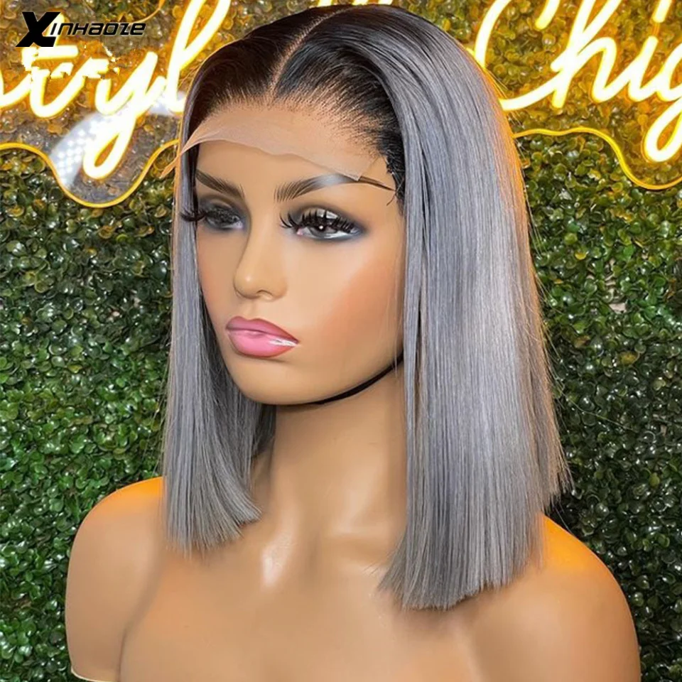 Ombre Grey Human Hair Wig Colored Short Bob Wigs For Black Women Transparent Lace Front Wig Glueless Brazilian Hair Wigs Remy