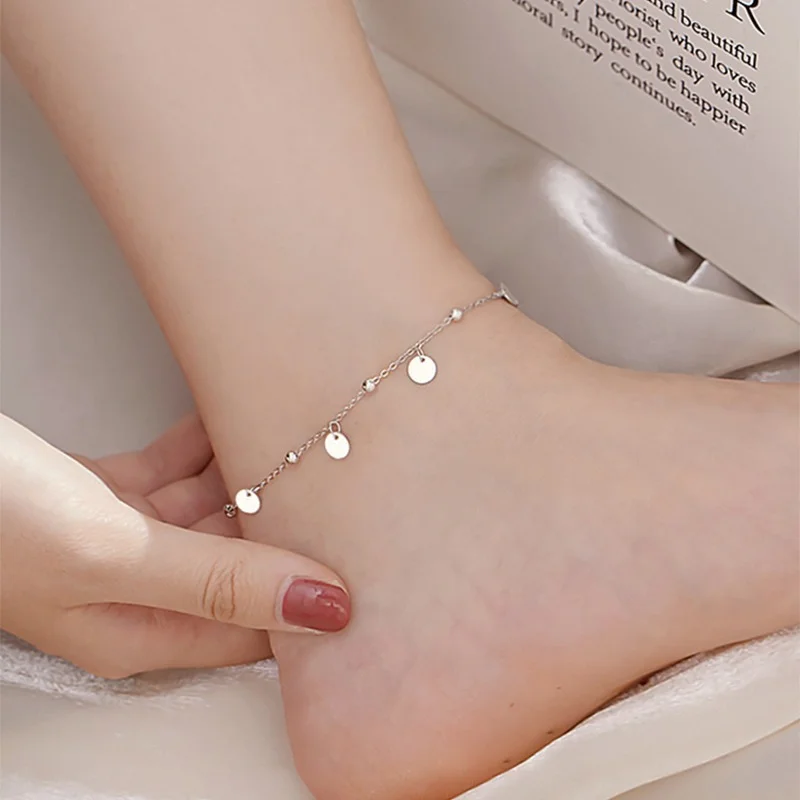 925 Sterling Silver Charming Disc Chain Anklet Bracelet For Women Foot Jewelry