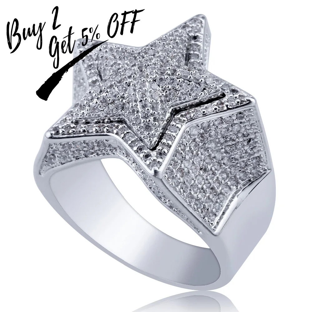 TOPGRILLZ Hip Hop Five Star Rings Men\'s Gold Silver Color Iced Out Cubic Zircon Jewelry Gifts