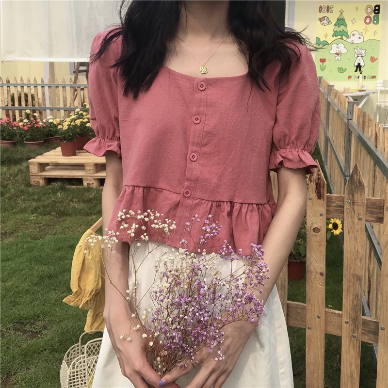 Shirts Women Ruffles New Sweet Style Summer Ulzzang Travel Basic Solid Crops Tops Popular Slim Casual Female Holiday Mujer Soft