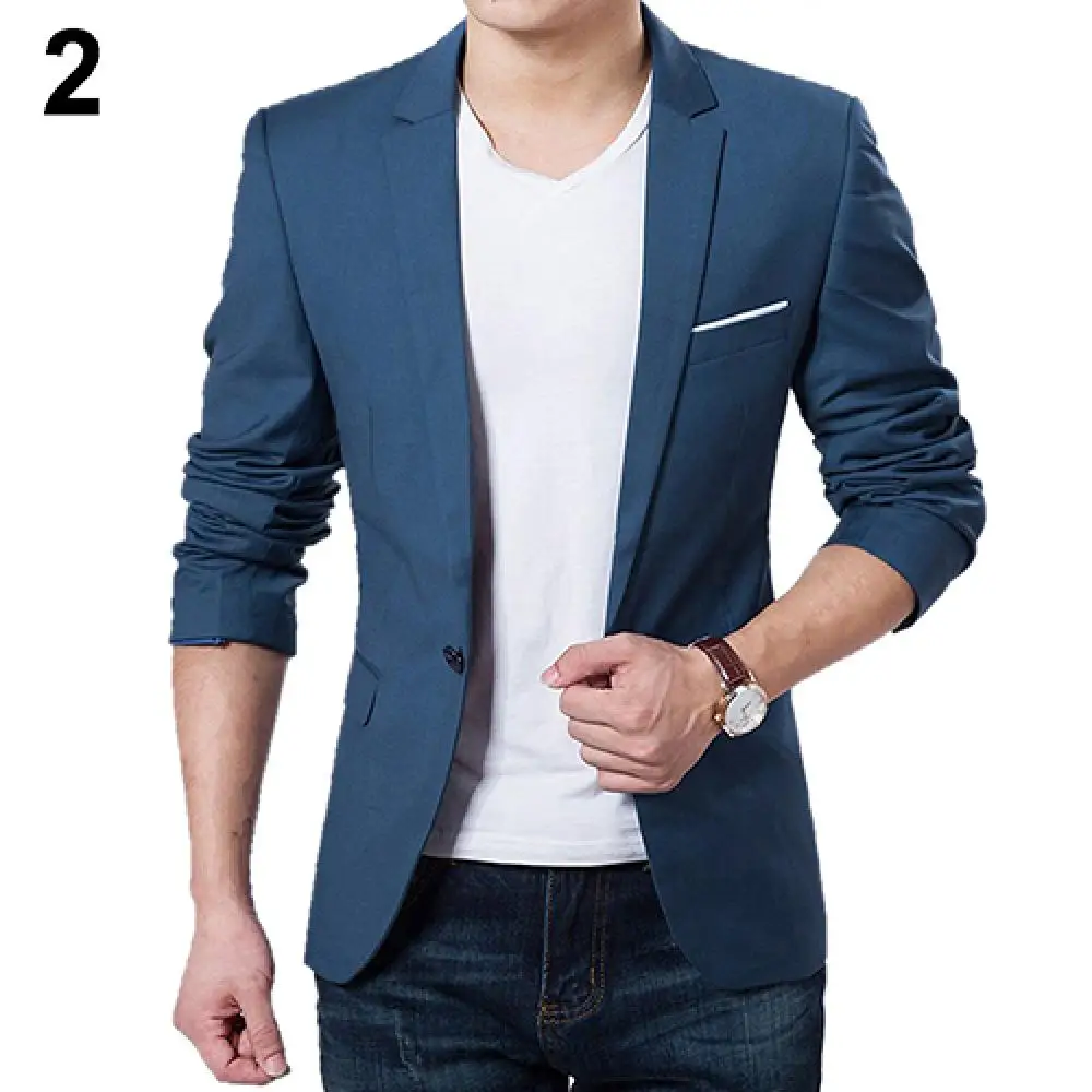 Hot Sale Men\\\'s Solid Color Step Collar Slim Blazer Formal Business Wear One Button Suit