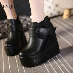 BYQDY Metal Buckle PU Leather Short Boots Woman Shoes Lolita Ankle Black Rubber Footwear Platform Wedges High Heels Female Boot