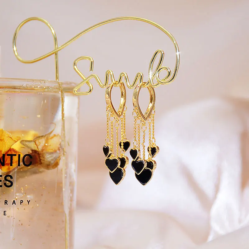 Korean Plating 14k Real Gold Minimalist Retro Black Heart Charm Earrings Tassel Temperament Luxury Delicate Romantic Earrings