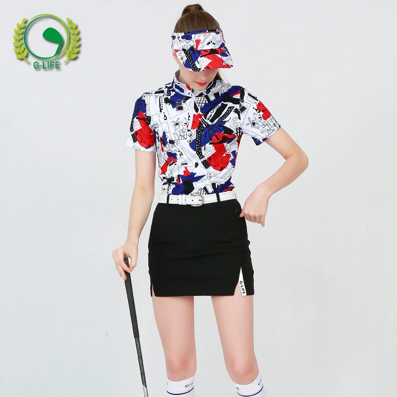 Ladies Summer Golf Dress Short Sleeve Patterned Top Black Skirt Fashion Women's Suit