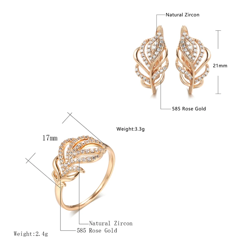 Kinel Hot 585 Rose Gold Women Earring Ring Sets Fashion Natural Zircon Flower Vintage Earring Ring Gift Daily Fine Jewelry Set