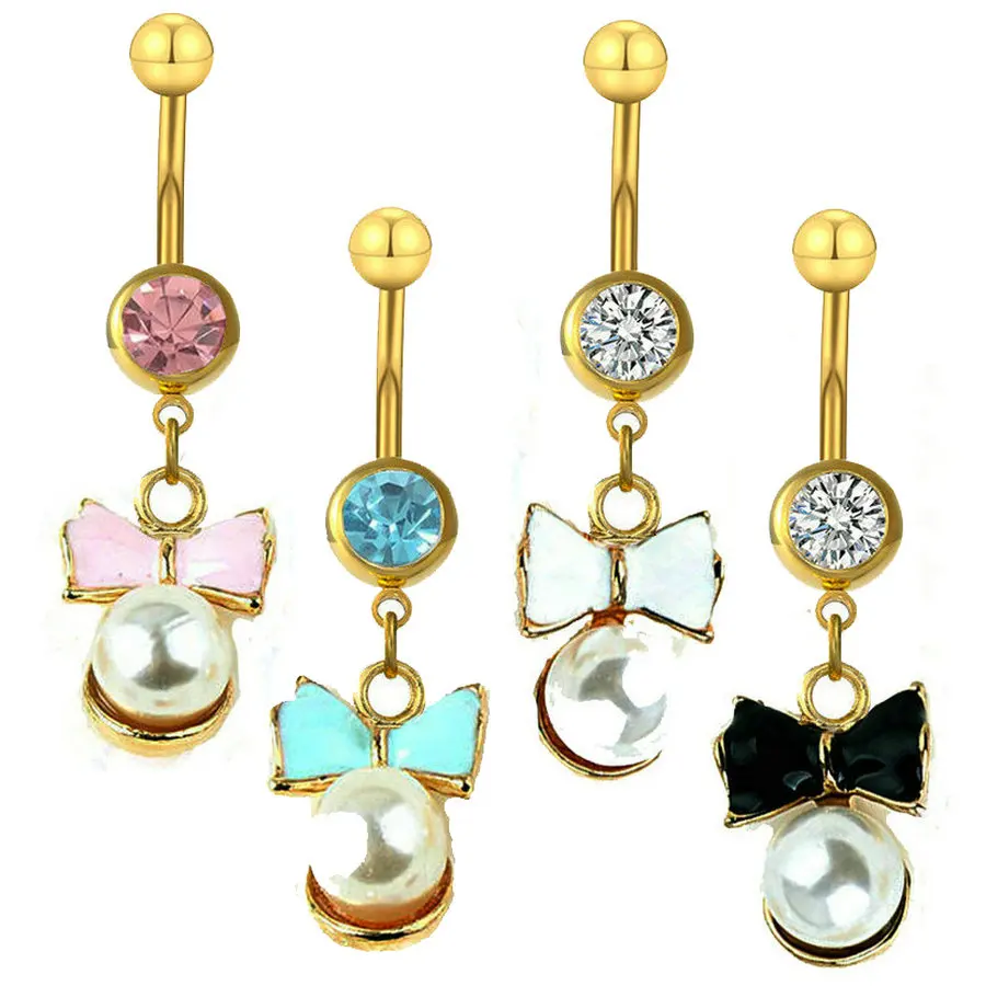 

20pcs/lot Romantic Bowknot Belly Bars Gold-Color Pearl Navel Button Rings Piercing Ombligo