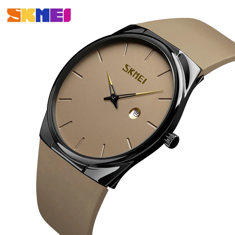 SKMEI-reloj de cuarzo con correa de cuero para hombre, accesorio de pulsera resistente al agua con movimiento de cuarzo y cristal de alta dureza,