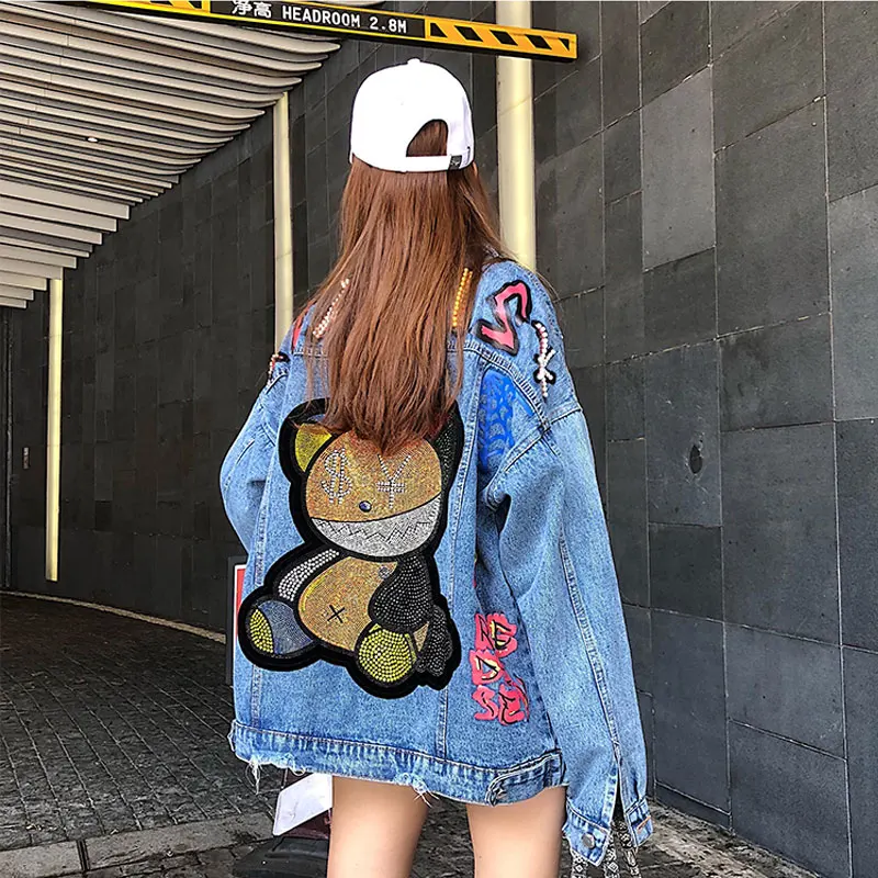 

Women Spring Funny Bear Diamonds Denim Coats and Jackets,BF Loose Havey Decor Oversize Jean Jacket Street Style Clothes