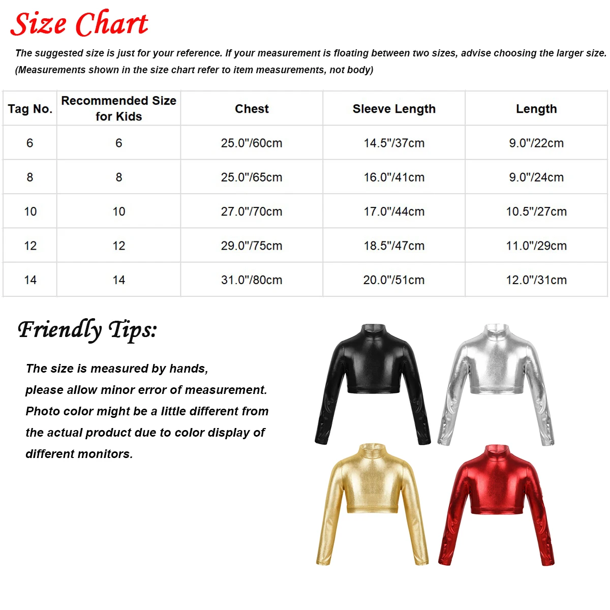 Children Girls Glossy Metallic Tops Long Sleeves Mock Neck Pullover Crop Tops for Hip Hop Jazz Dancing School Stage Performance