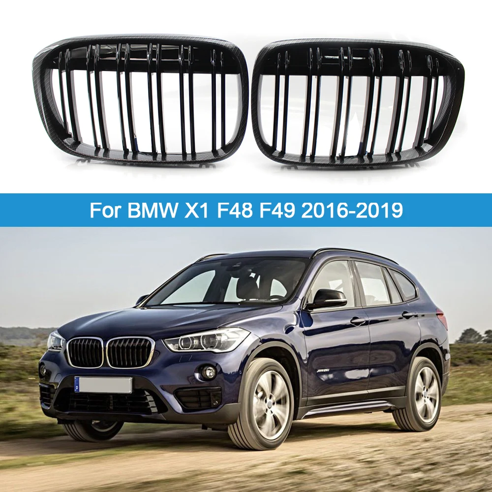 

1 Pair Car Front Bumper Kidney Grilles Carbon Fiber Look Double Line Grill Replacement For BMW X1 F48 F49 2016-2019 51117383363