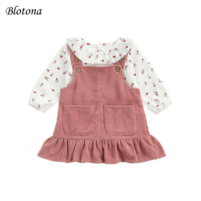 

Blotona Infant Baby Girls Sweet Style Suit, Spring Autumn Long Sleeve Floral Print Romper + Solid Color Corduroy Suspender Skirt